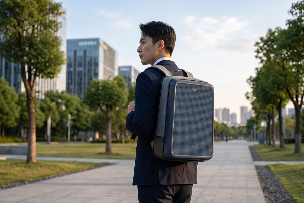 Commuter wearing the LINKSOLAR 13W solar backpack on a tree-lined city path