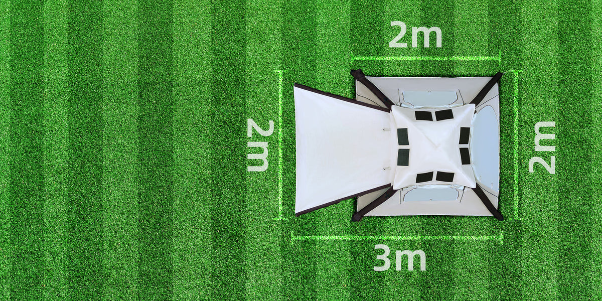 Overhead view showing the 2 by 2 metre tent floor and 3 metre awning length
