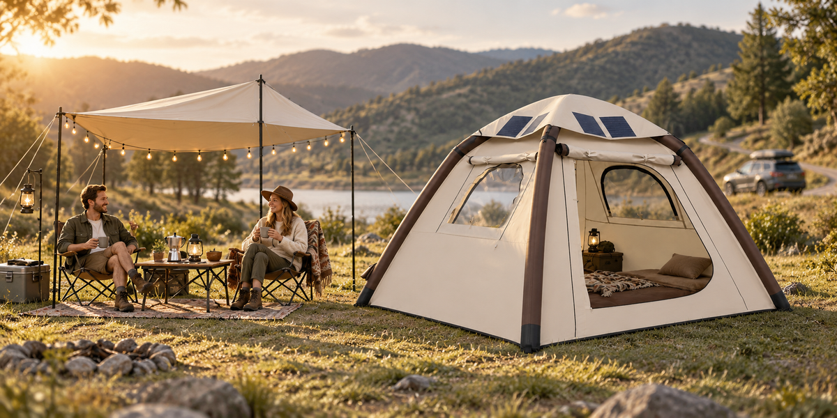 LINKSOLAR beige inflatable tent with removable 52W solar roof at a weekend mountain campsite