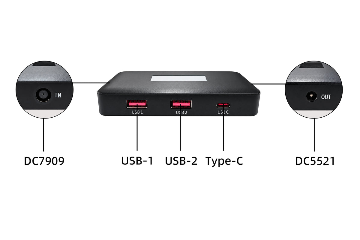 Solar junction box with two USB-A ports, USB-C and DC5521 output