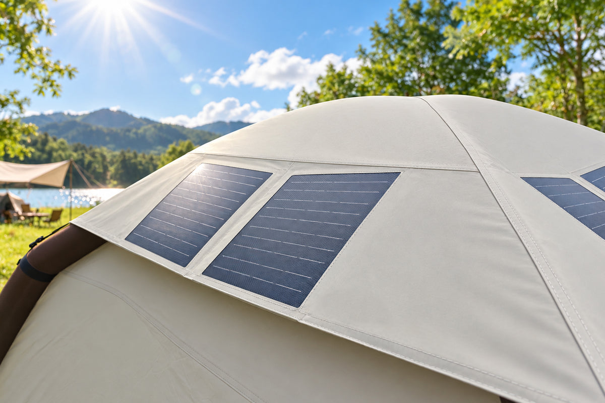 Close-up of the removable 52W solar roof panels in sunlight