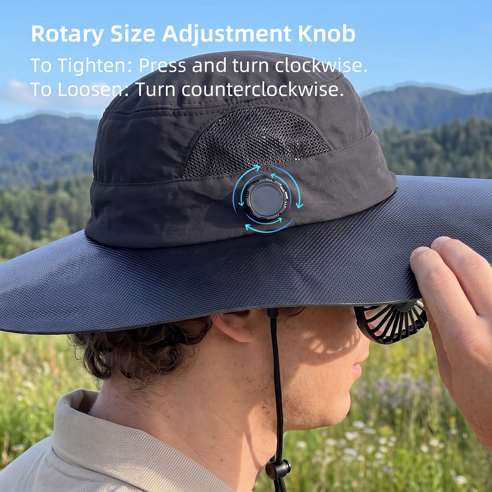 Wearer adjusting the rear rotary fit knob of the F2 Solar Fan Hat
