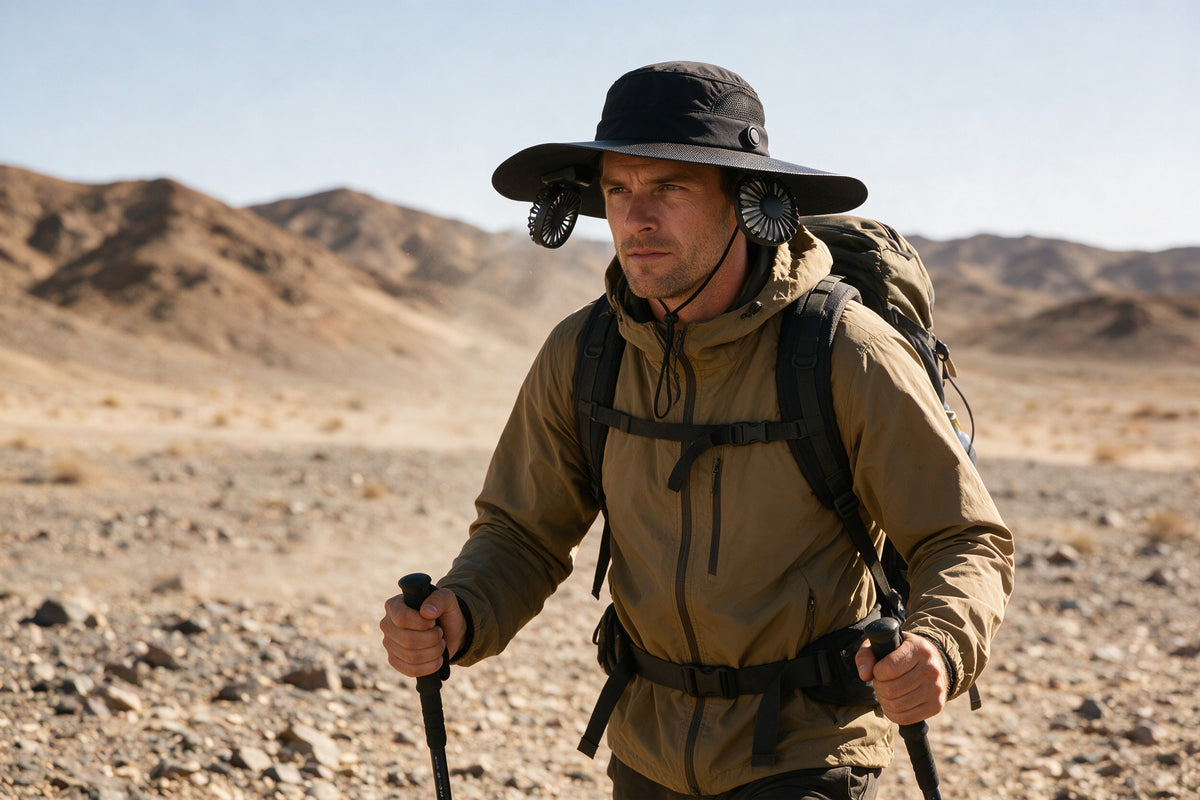 Hiker wearing a solar fan hat on an exposed trail