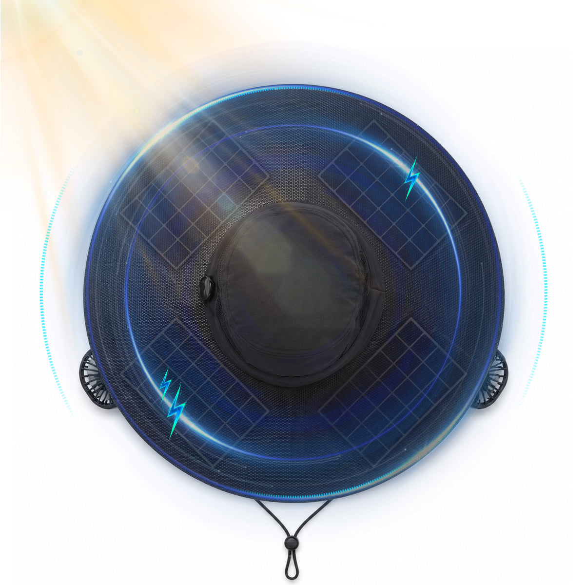 Top view of the Solar Fan Hat showing sunlight reaching the integrated solar cells around the brim