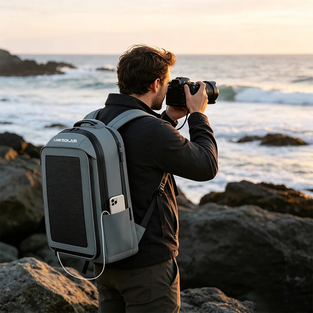 30W LINKSOLAR solar backpack used by the coast