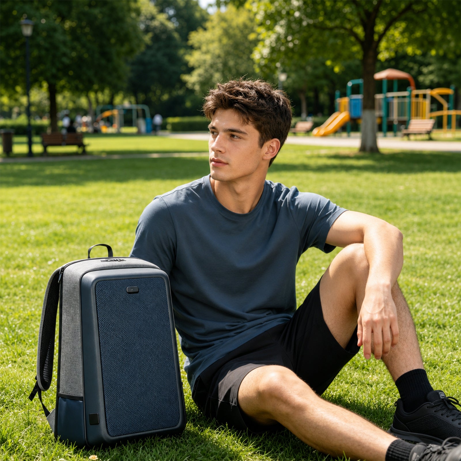 Gray solar backpack for urban commuting