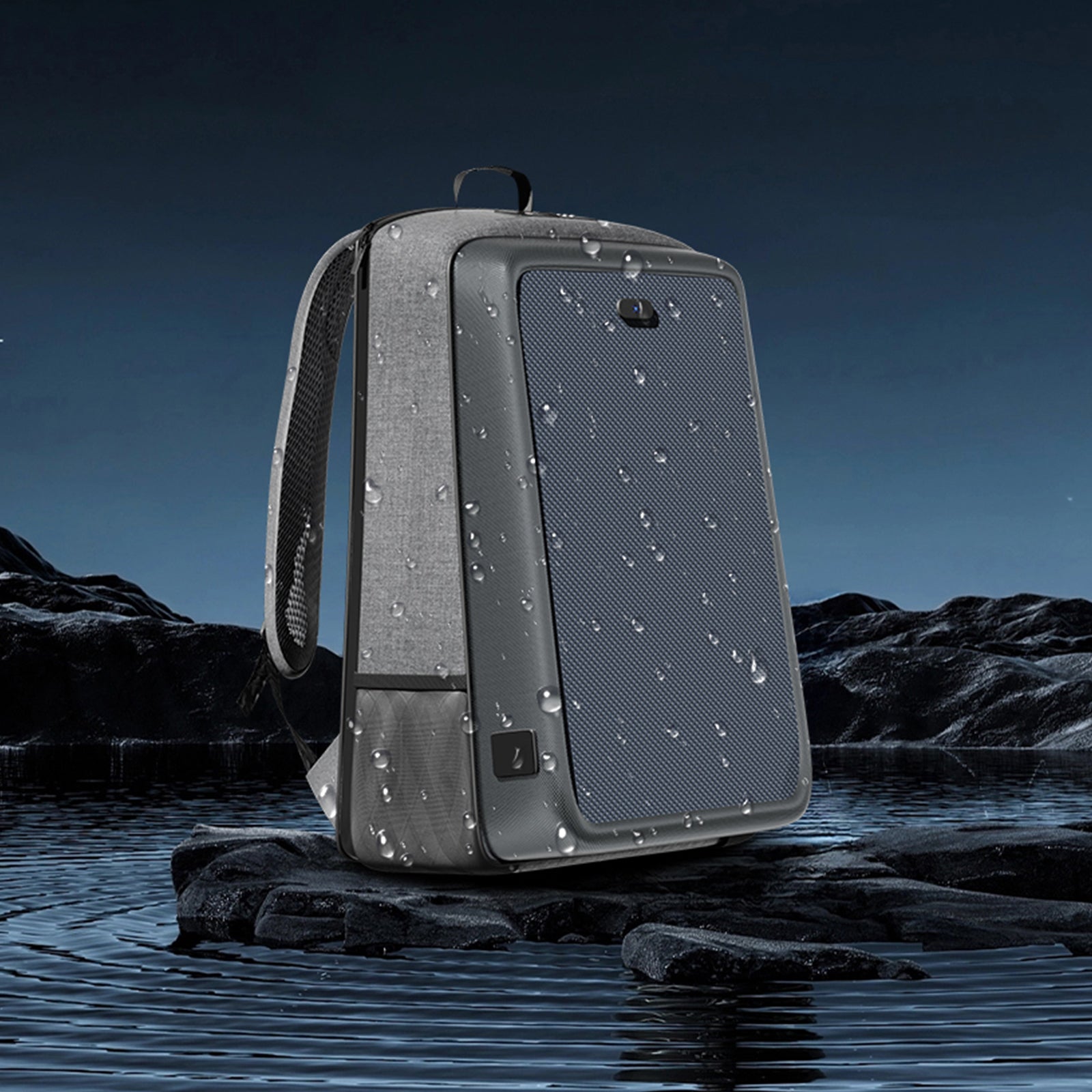 Water droplets on the water-repellent exterior of the LINKSOLAR 13W solar backpack