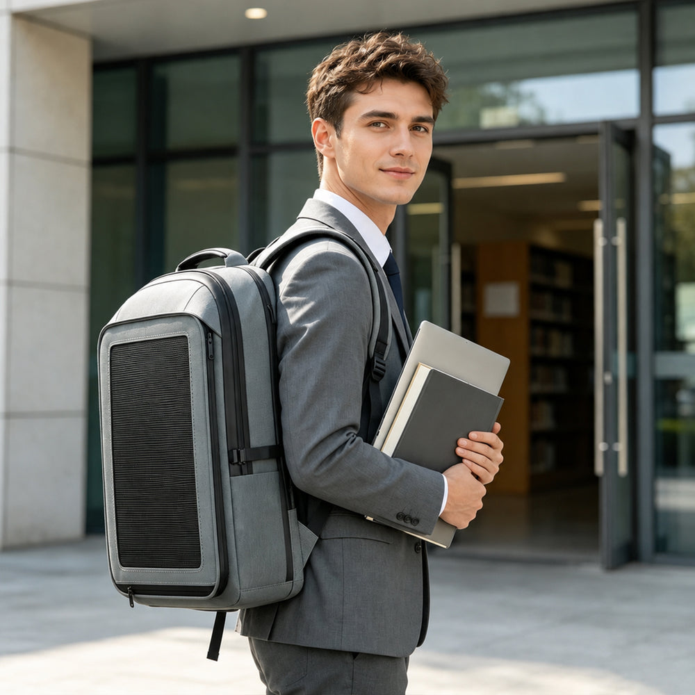 30W solar backpack used for business travel