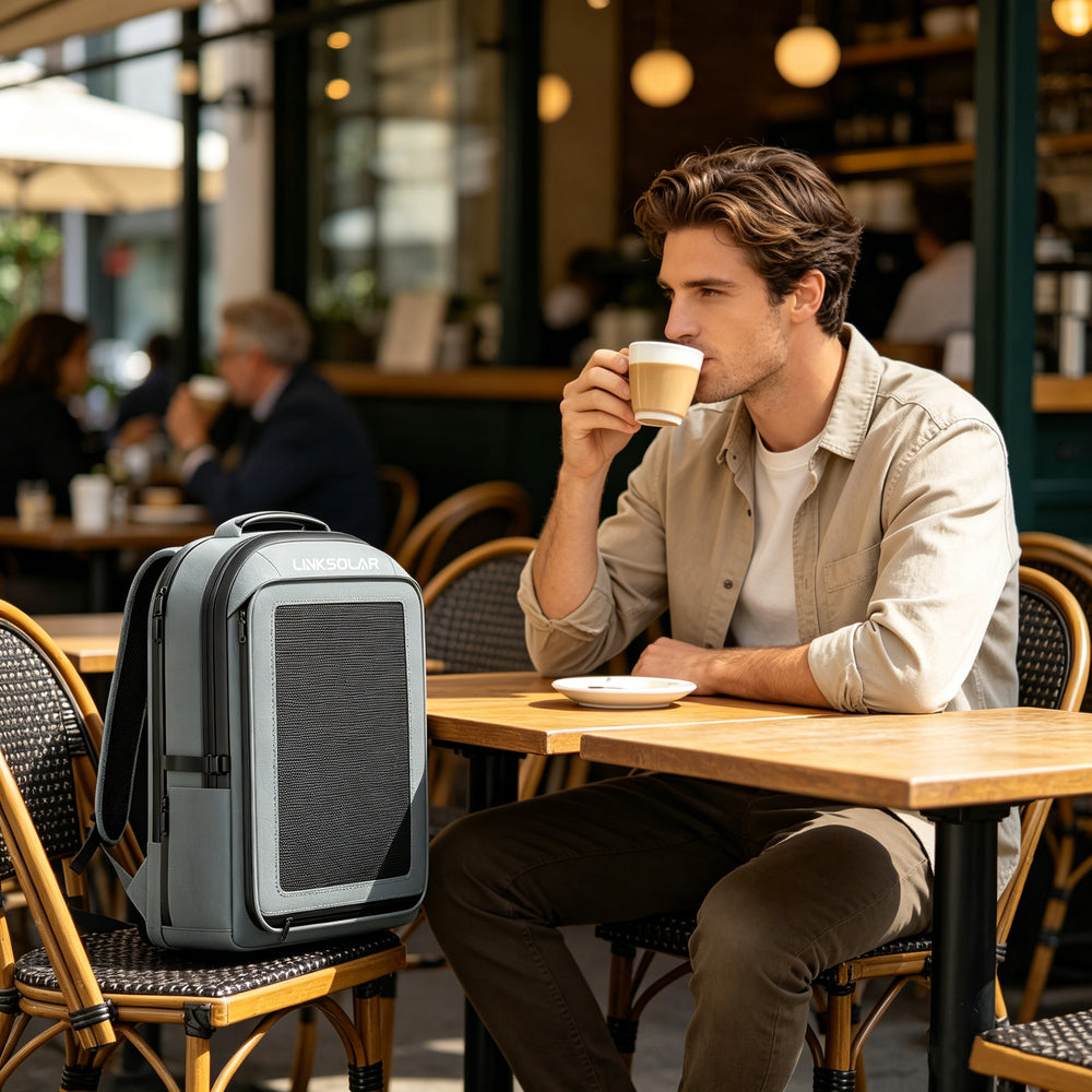 30W solar backpack beside a traveler at a cafe