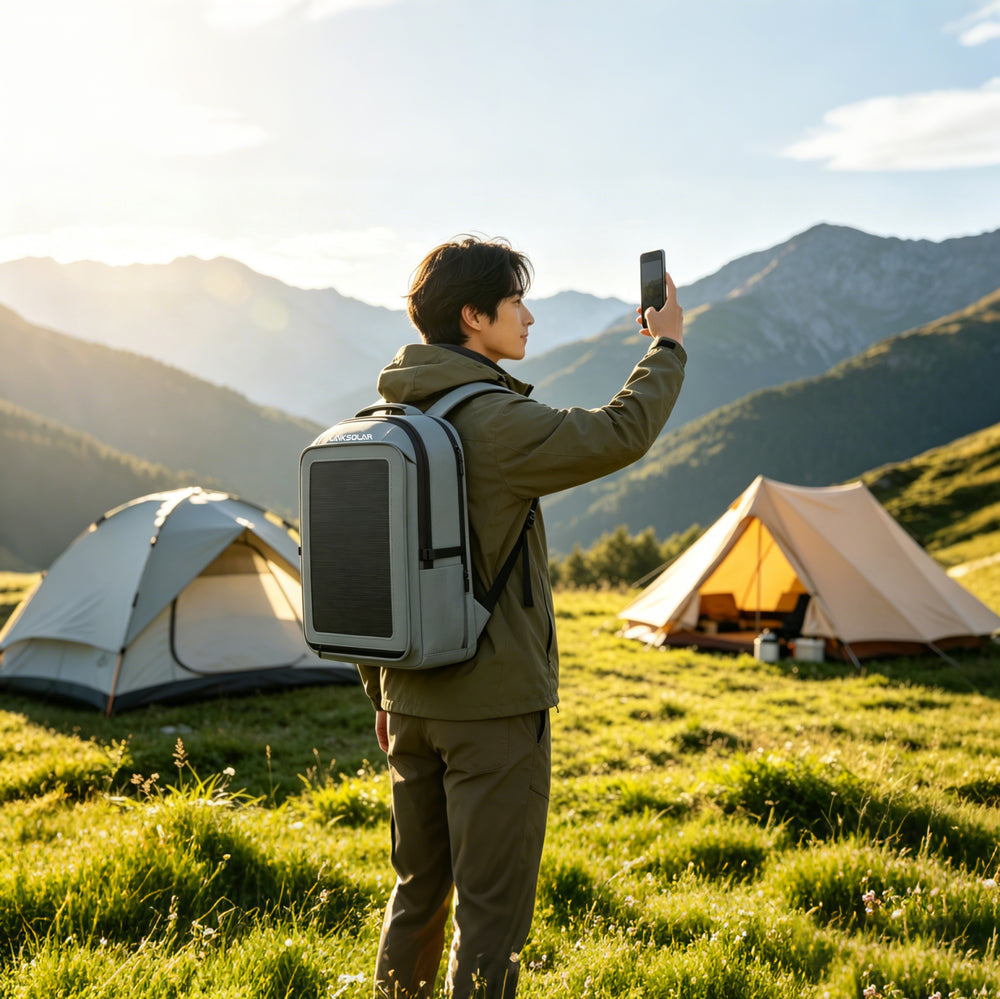 30W solar backpack used near a campsite