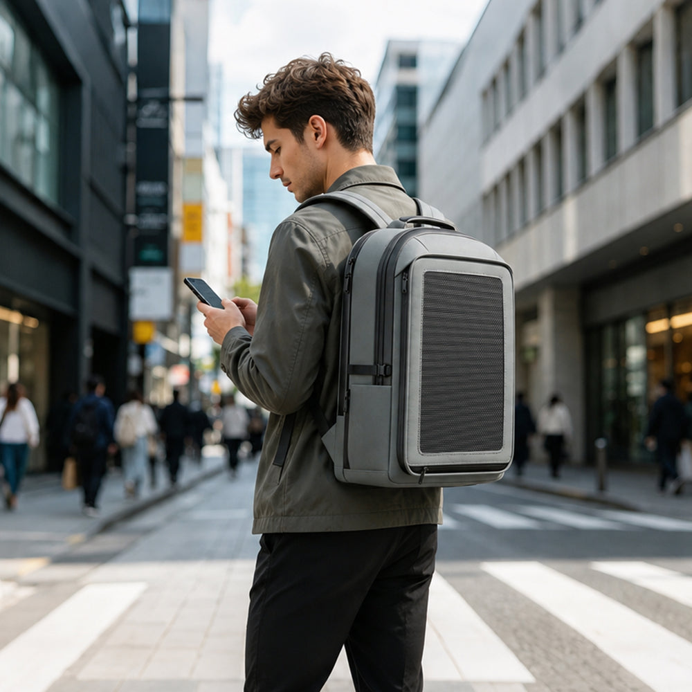 30W solar backpack used during an urban commute