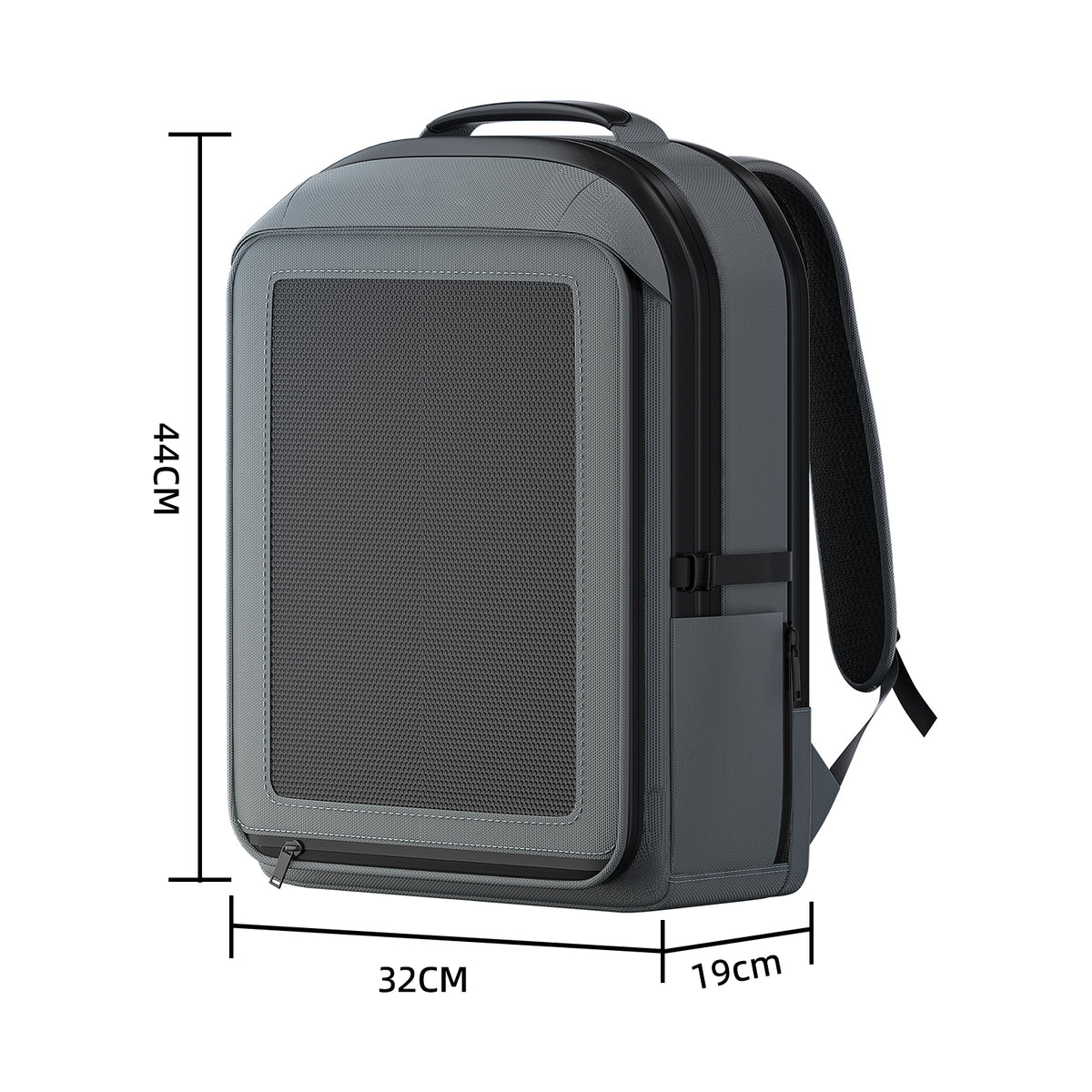 Closed LINKSOLAR 30W solar backpack dimensions: 44 by 32 by 19 centimeters