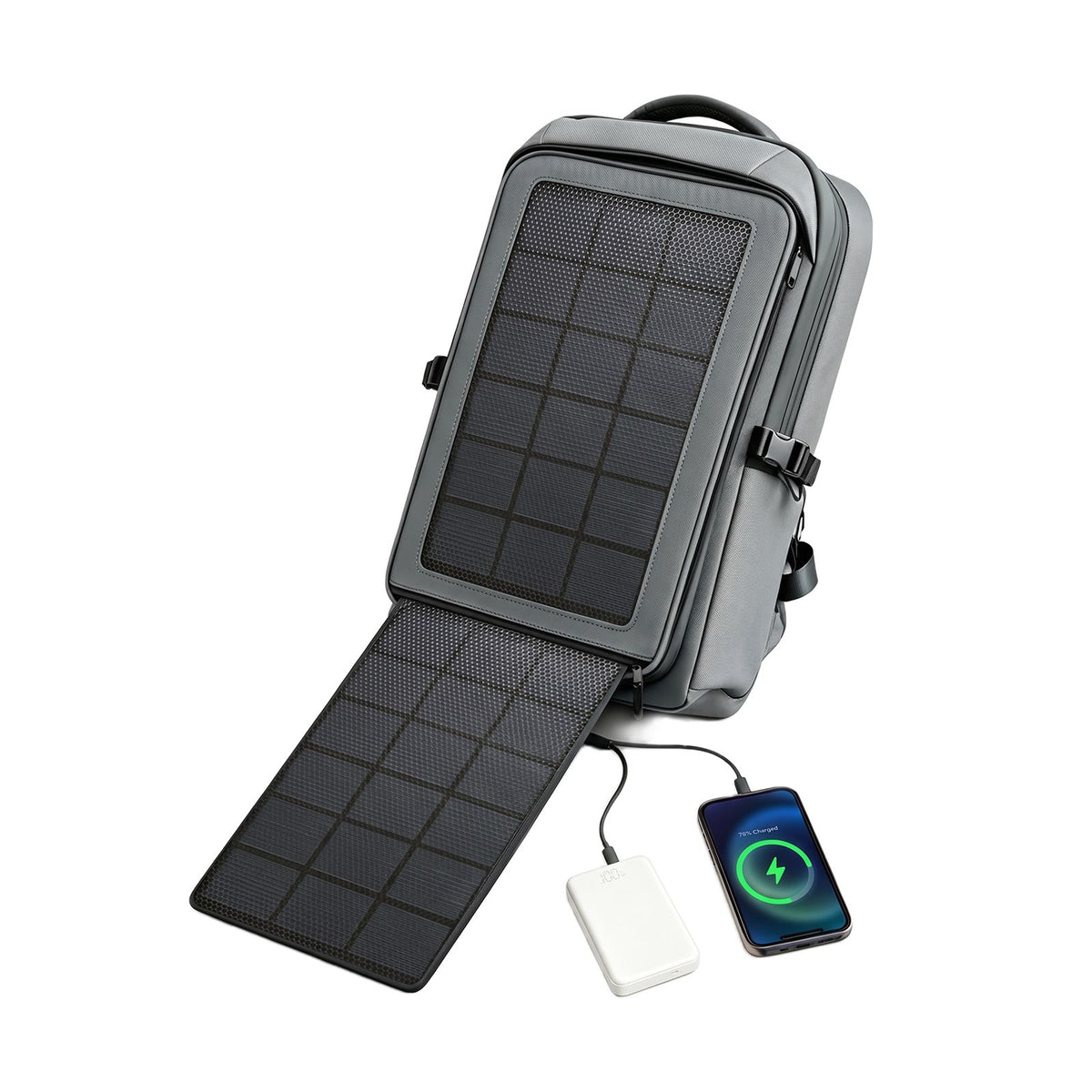 LINKSOLAR 30W solar backpack with both solar panels deployed and connected to a phone and power bank
