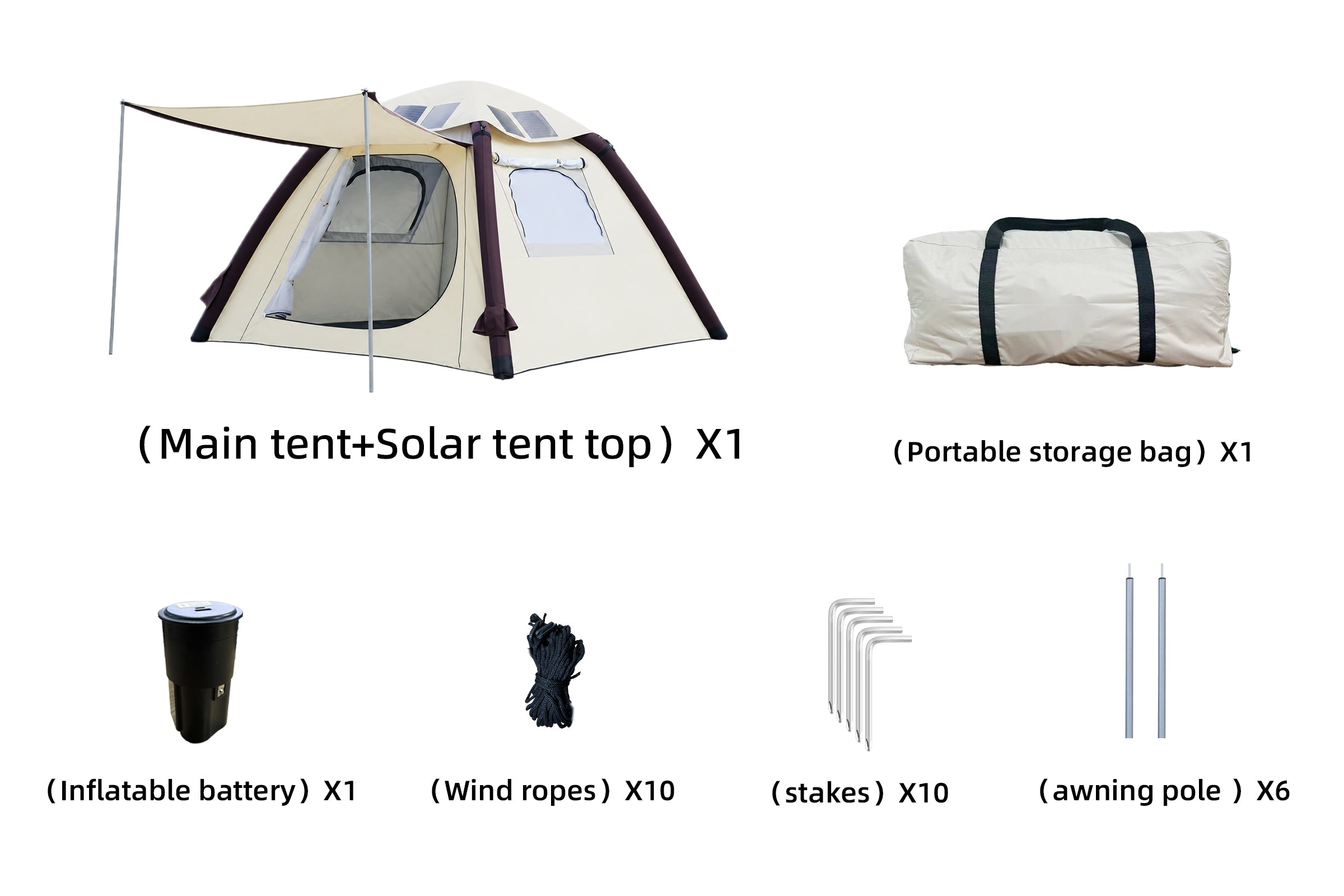 LINKSOLAR inflatable solar tent package accessories including tent, solar roof, carry bag, pump battery, guy lines, stakes and six awning-pole sections
