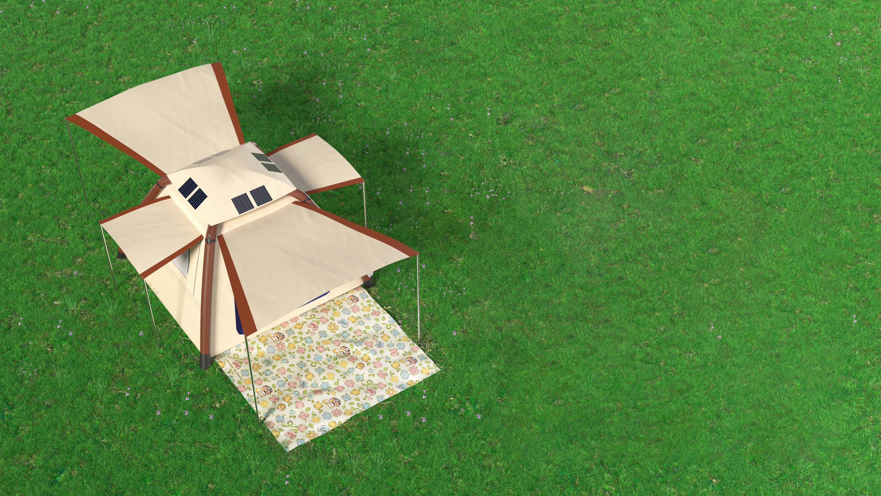 Illustration of the LINKSOLAR inflatable tent with two doors and two windows opened outward using additional support poles
