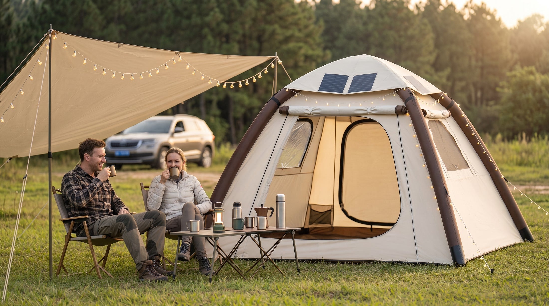 Two people relaxing beside a LINKSOLAR inflatable tent with its removable solar roof, awning and car at a weekend campsite