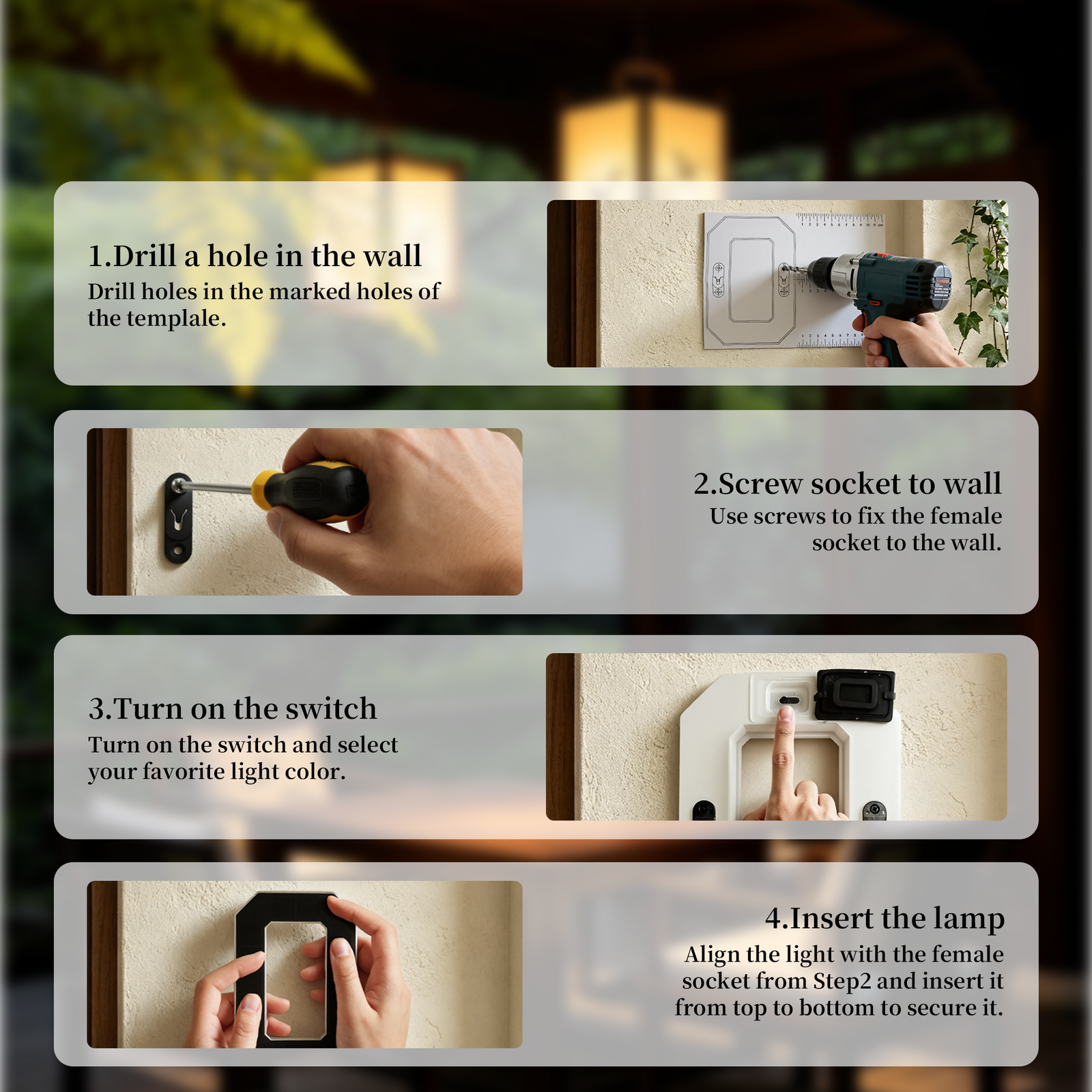 Four illustrated screw-mounting steps for a Luma solar house number