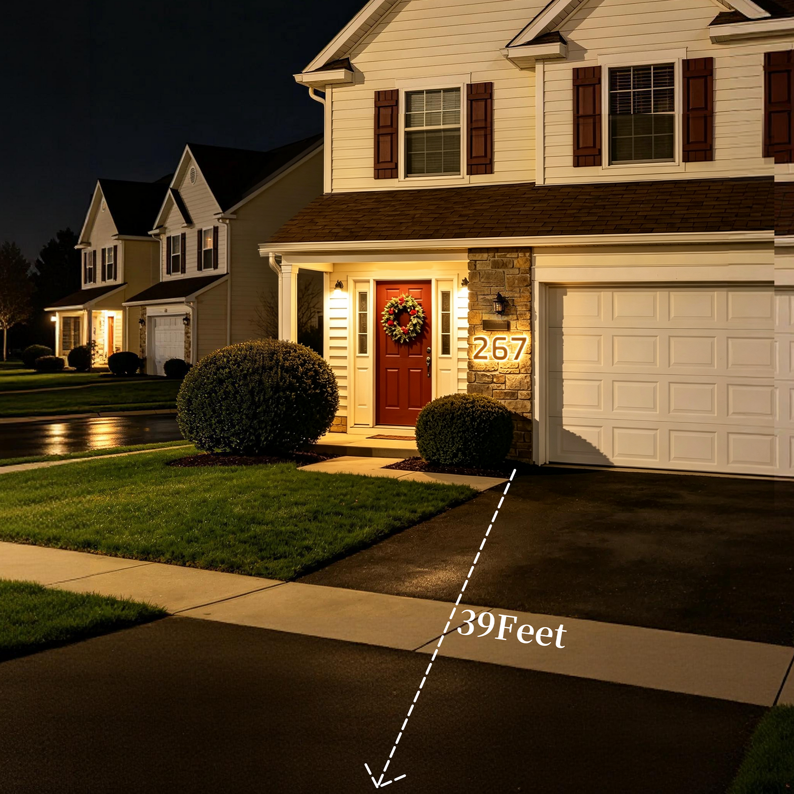 Luma illuminated house number shown from a reference distance of 39 feet at night