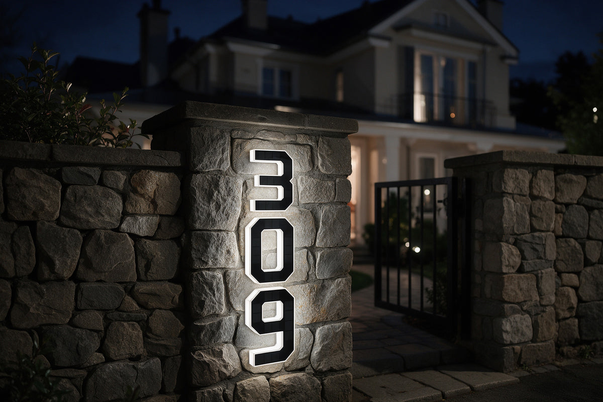 White Luma address lights installed vertically on a stone entrance pillar