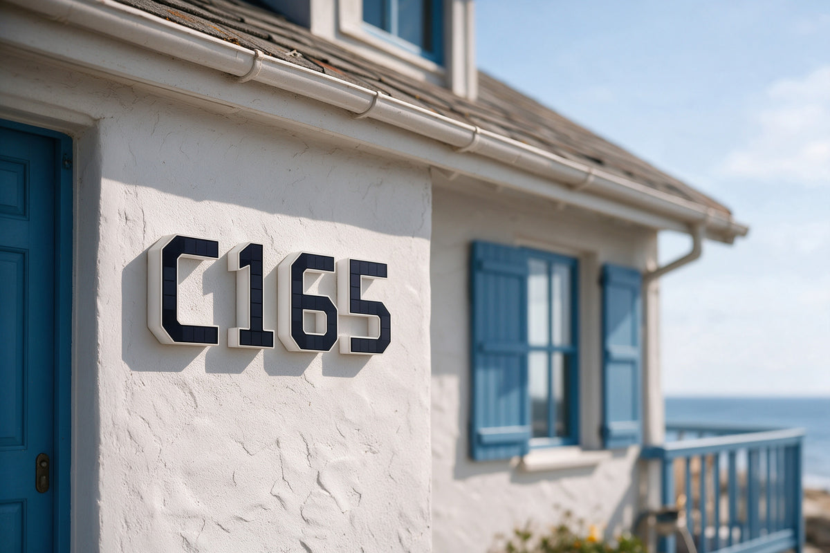 Luma solar house numbers arranged horizontally on a house wall