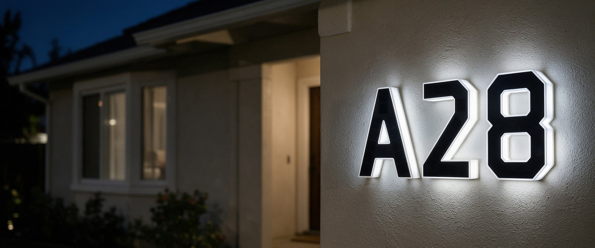 Luma solar house number lights visible on a residential exterior after dark