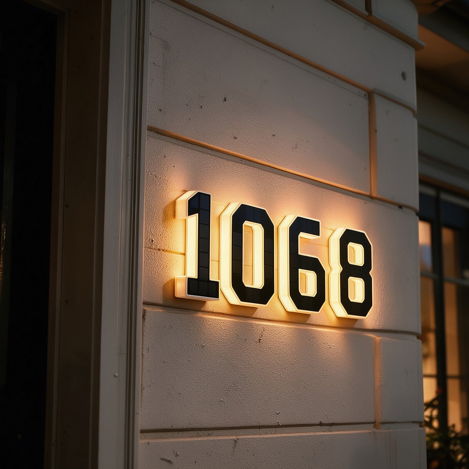 Warm illuminated Luma house numbers installed beside a home entrance