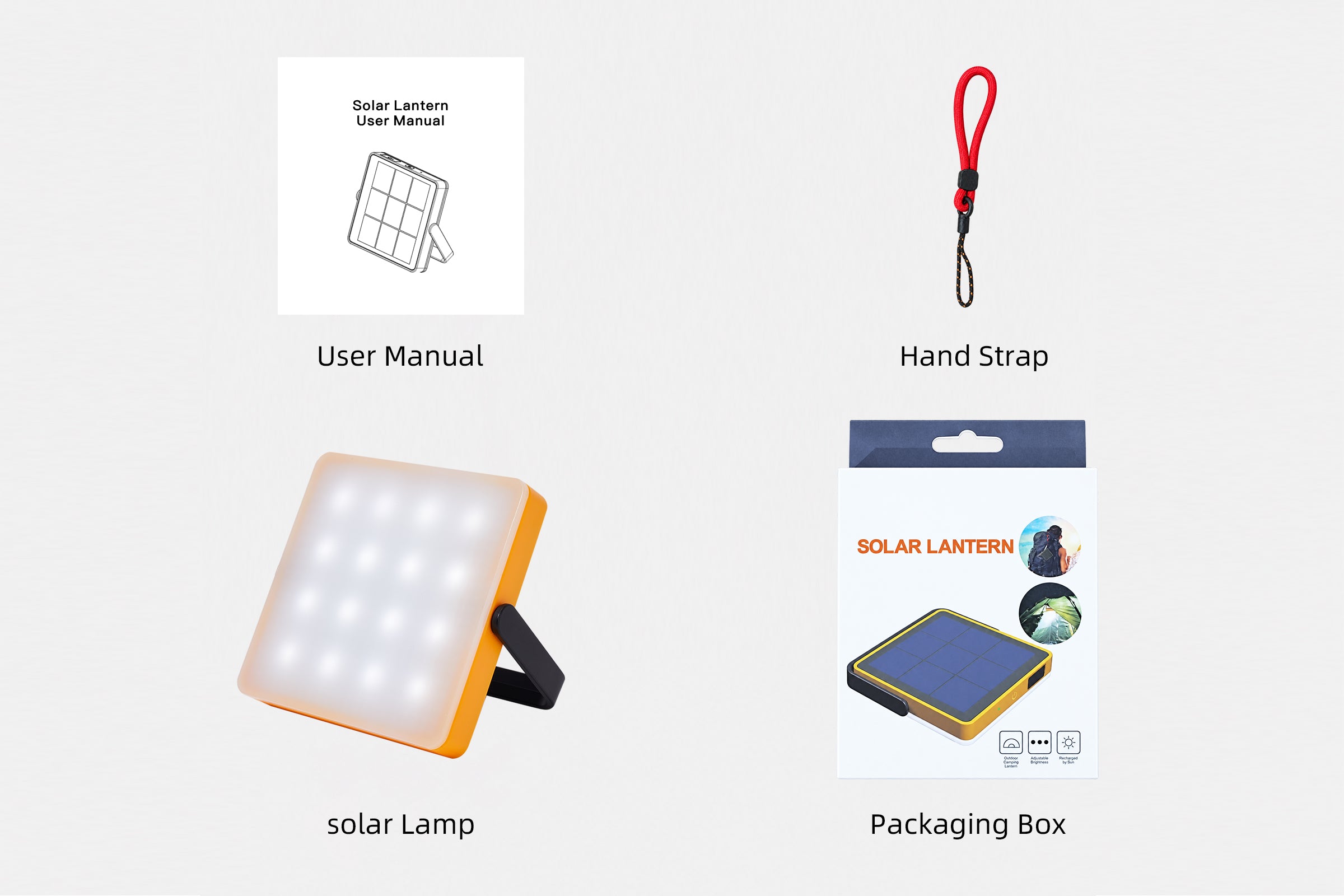 Solar tent light package contents: light, hand strap and English user manual