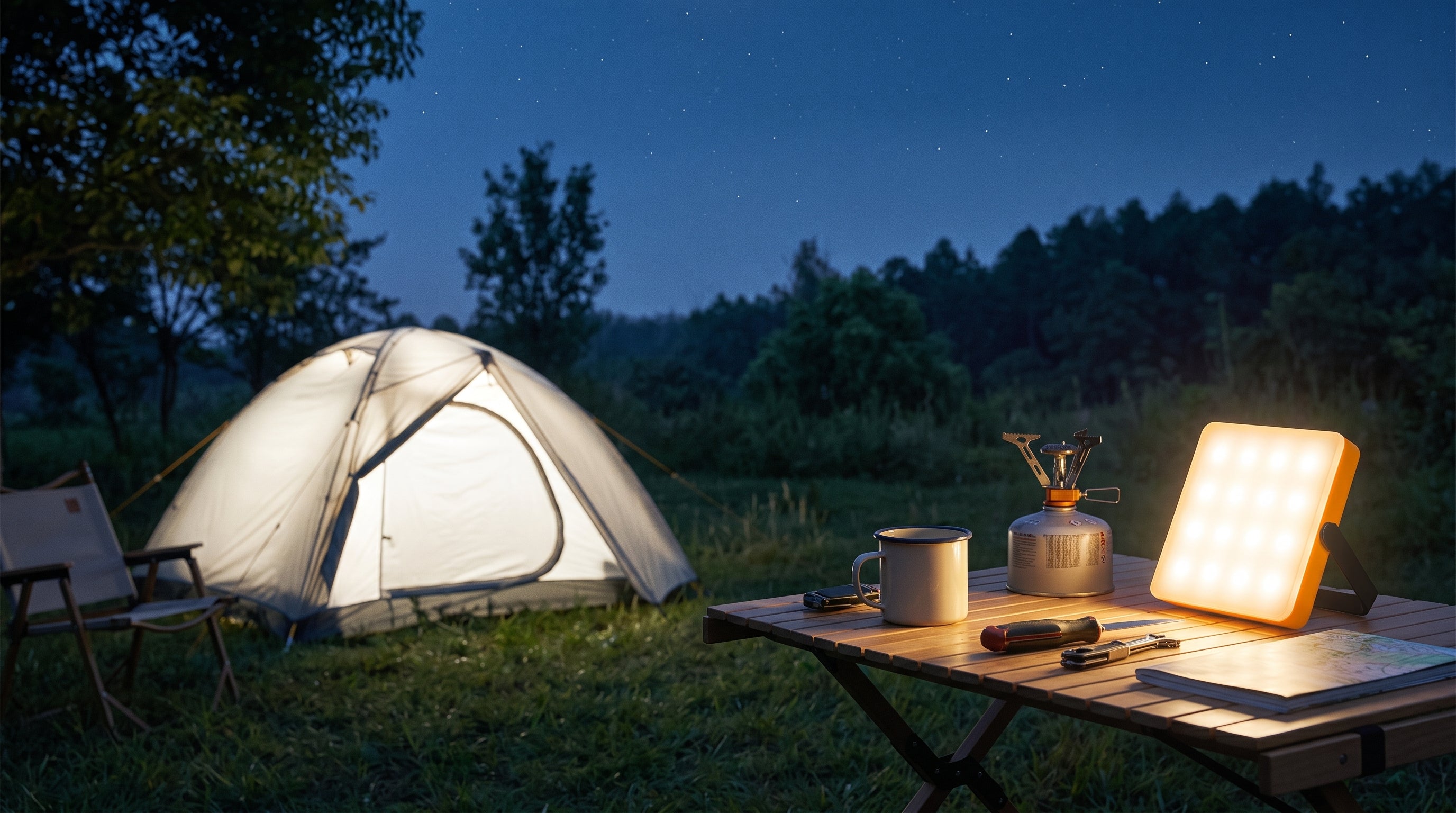 LINKSOLAR solar tent light illuminating a campsite table beside a tent