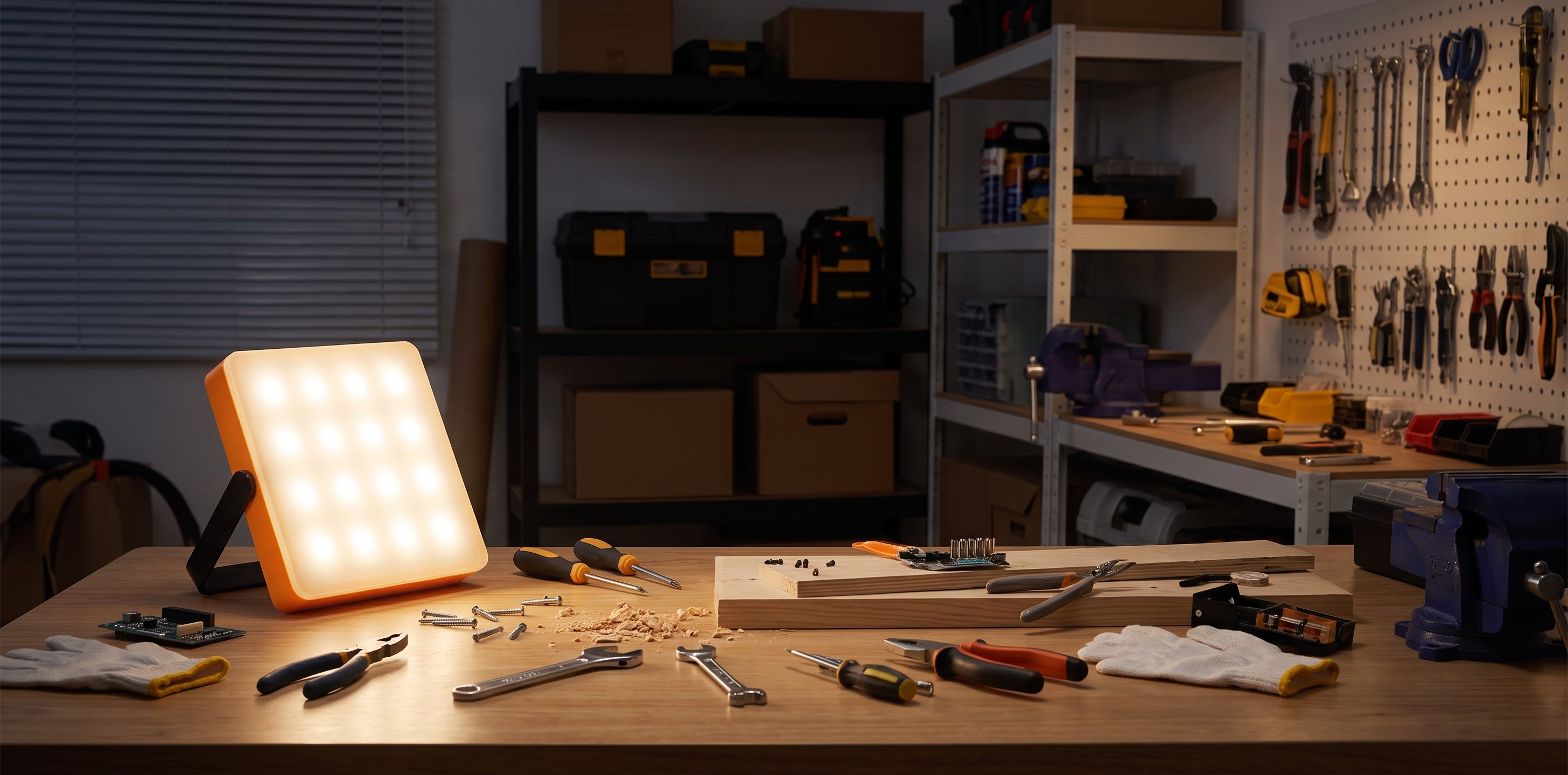 Solar tent light illuminating a workbench during a power outage