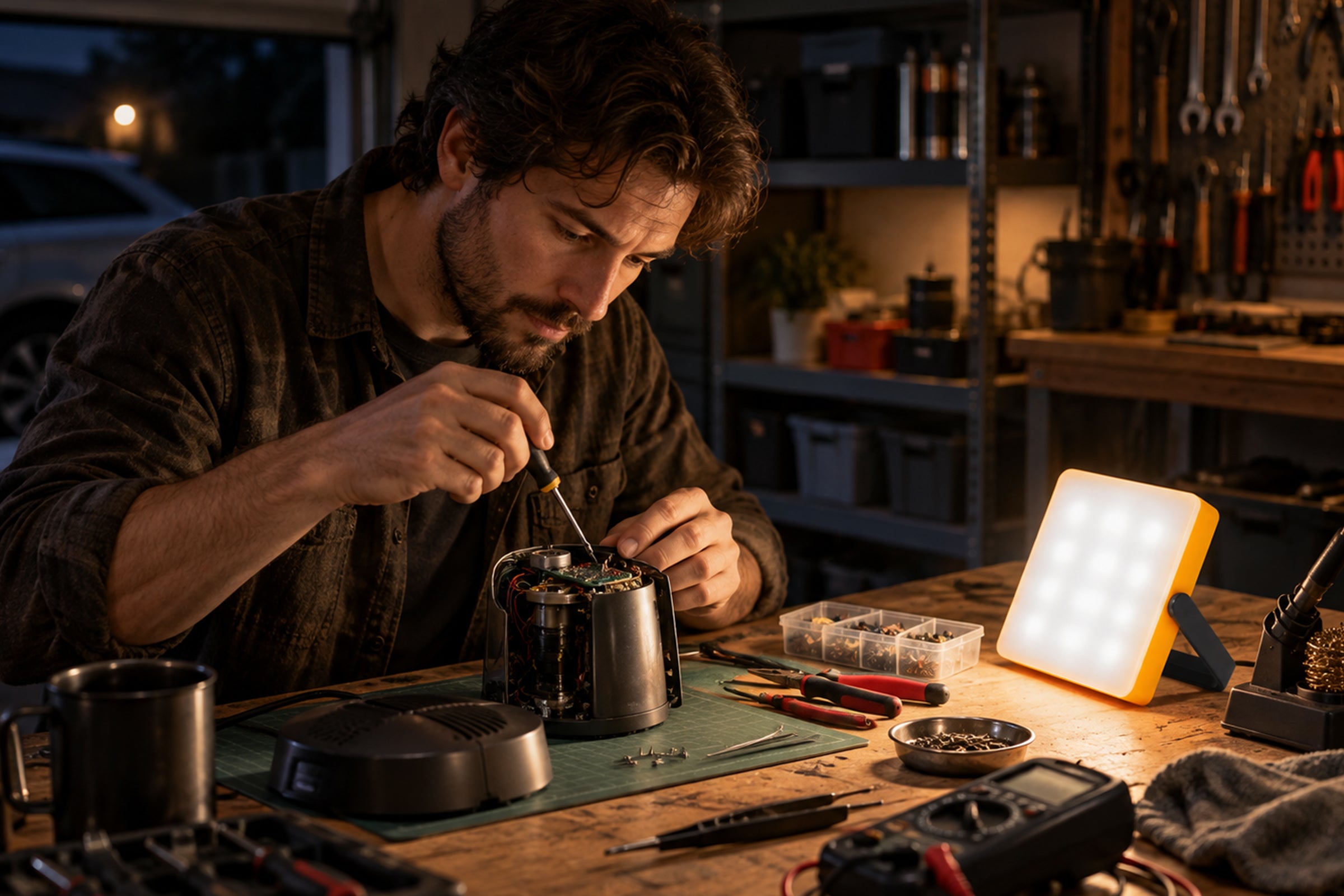 Solar tent light illuminating a close-range repair task