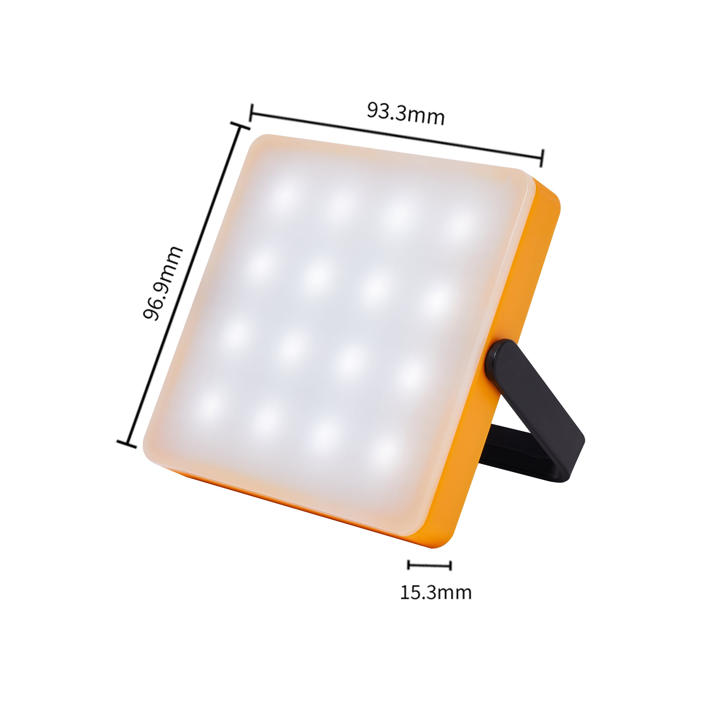 Solar tent light dimensions: 96.9 by 93.3 by 15.3 millimetres