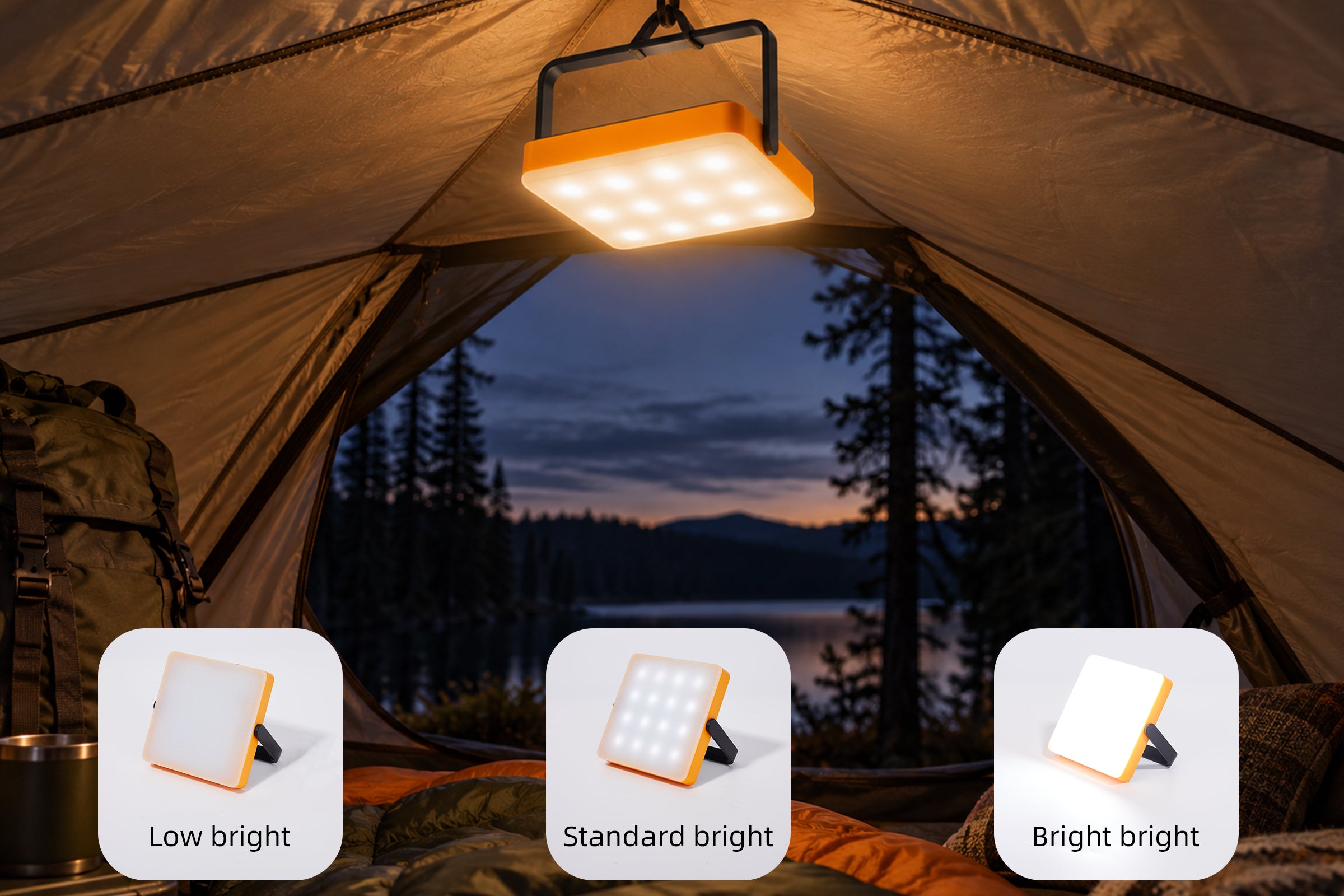 Solar tent light hanging inside a camping tent using its hand strap