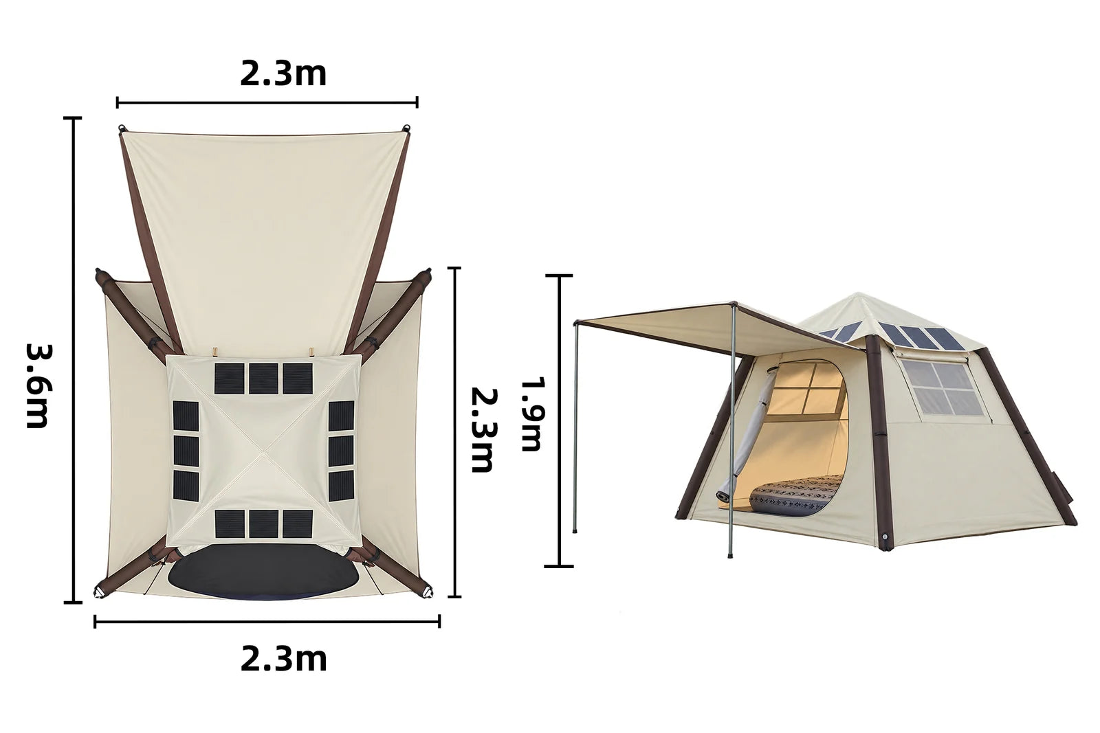 120W tent dimension diagram showing 2.3 m length, 2.3 m width and 1.9 m peak height