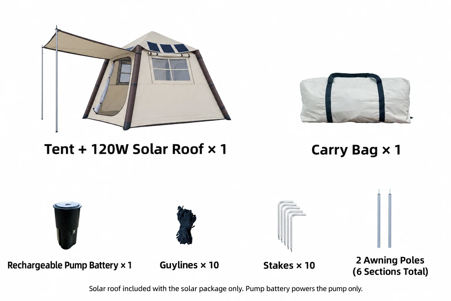 Included camping accessories: two complete awning poles, stakes, guylines, pump battery and carry bag