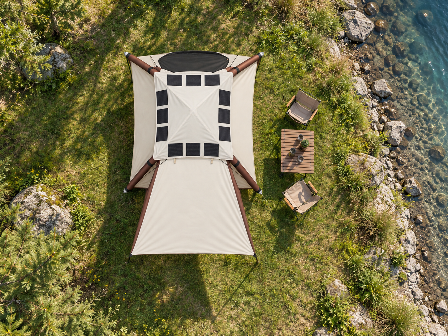 Overhead view of the beige 120W solar tent beside a river, showing twelve roof panels; campsite furniture is not included