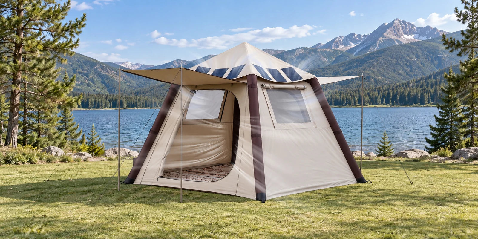 Beige inflatable tent with mesh door and window openings at a mountain campsite
