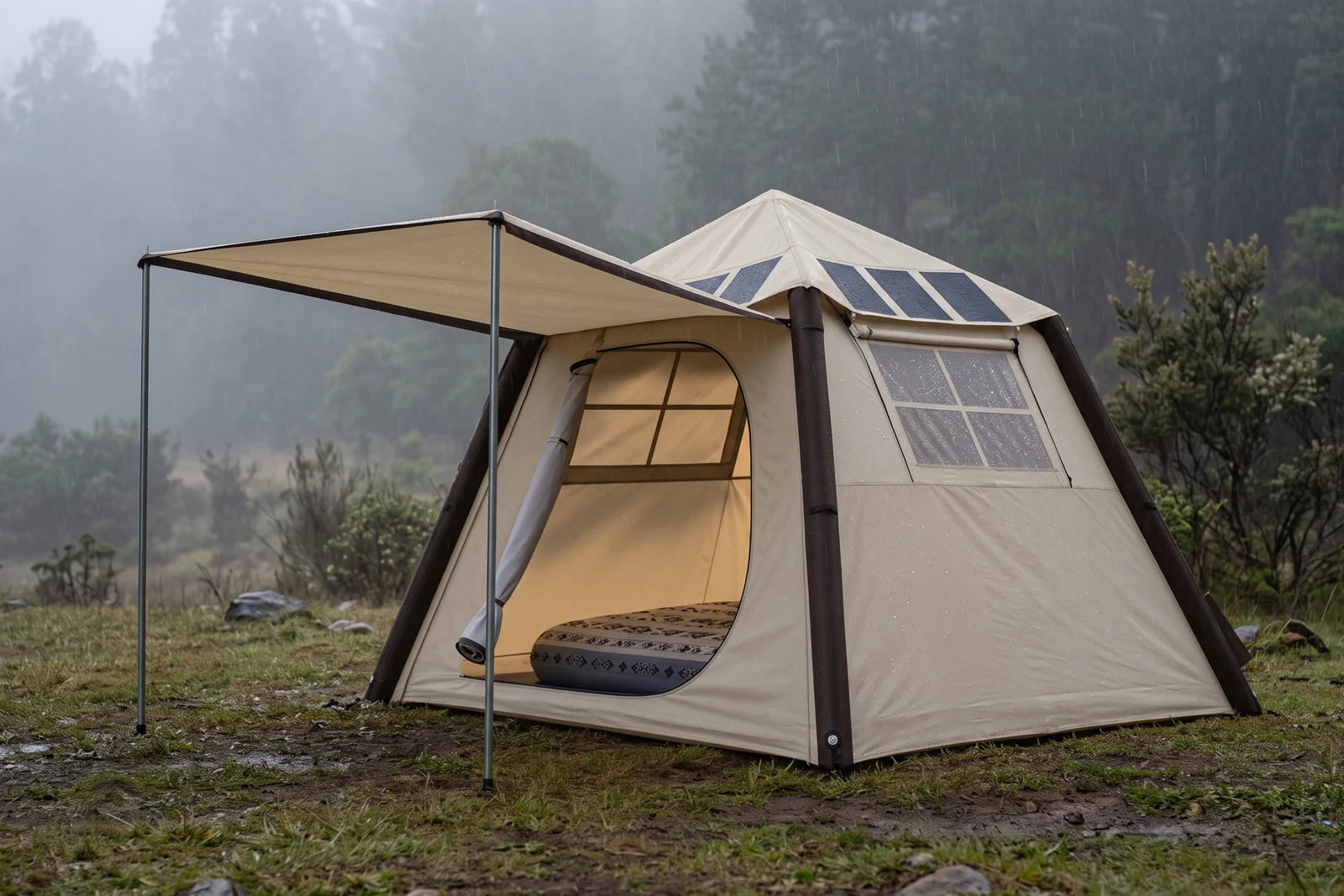 Beige solar inflatable camping tent illustrated in a rainy campsite setting