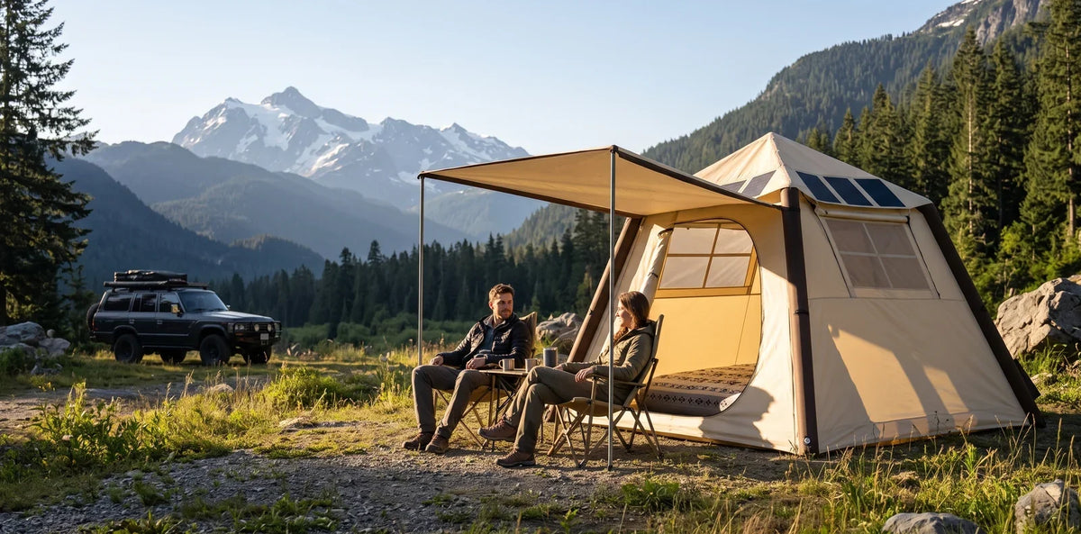LINKSOLAR 120W inflatable tent in a car-camping scene illustration
