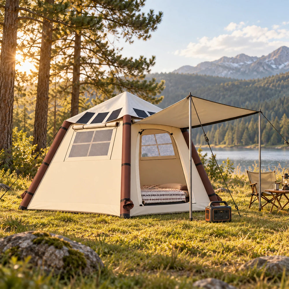 LINKSOLAR 120W solar tent in a mountain campsite illustration; accessories shown not included