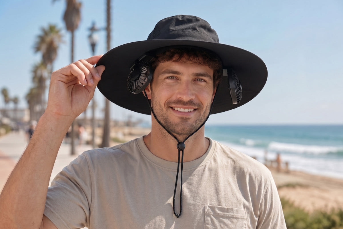 LINKSOLAR F2 solar fan hat in an illustrated beach setting