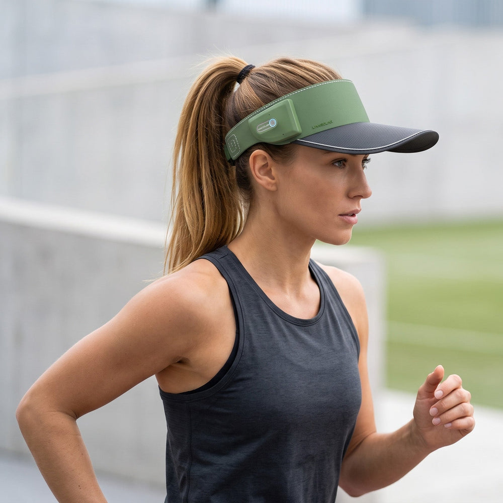 Woman wearing a green LINKSOLAR open-ear audio visor while running outdoors