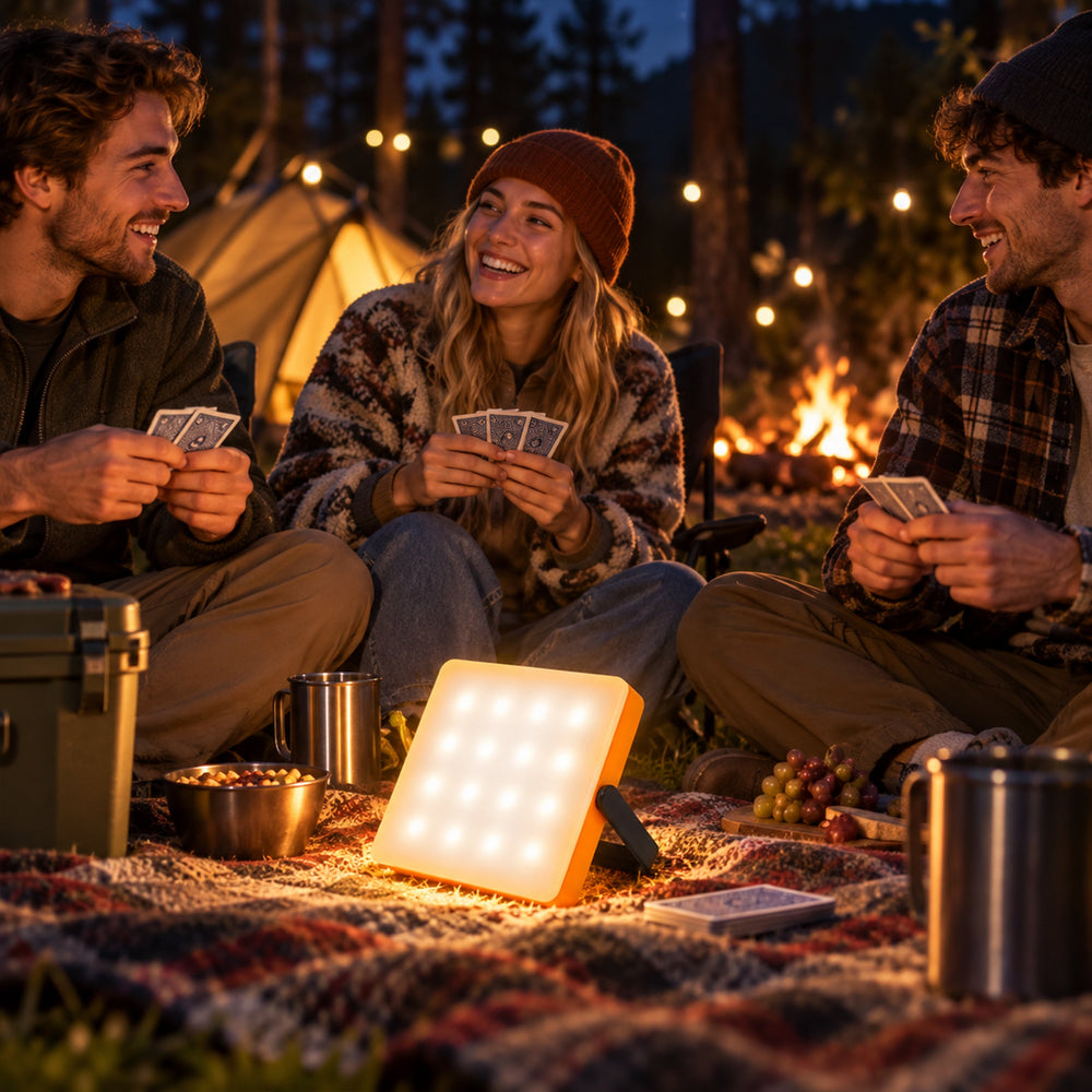 Portable solar camping light on a campsite table; illustrative scene