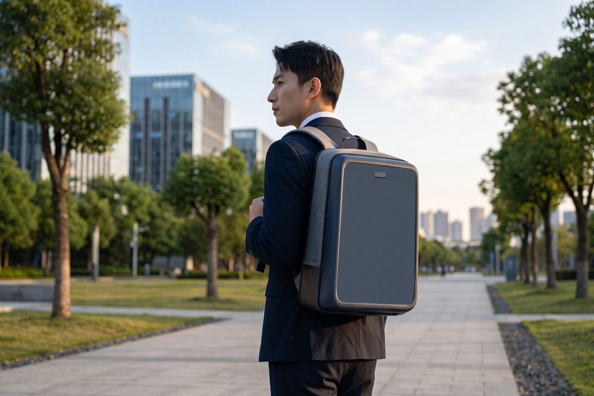 Commuter wearing the LINKSOLAR 13W solar backpack on a tree-lined city path