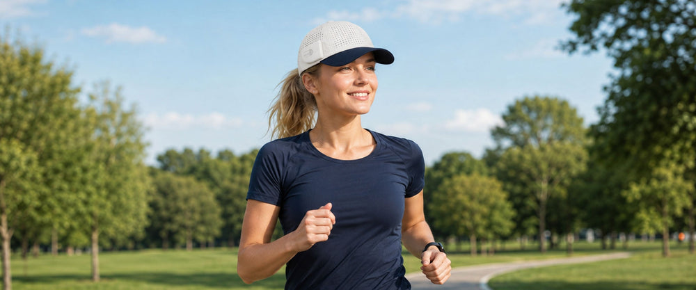 Woman wearing a LINKSOLAR solar audio cap on a park path