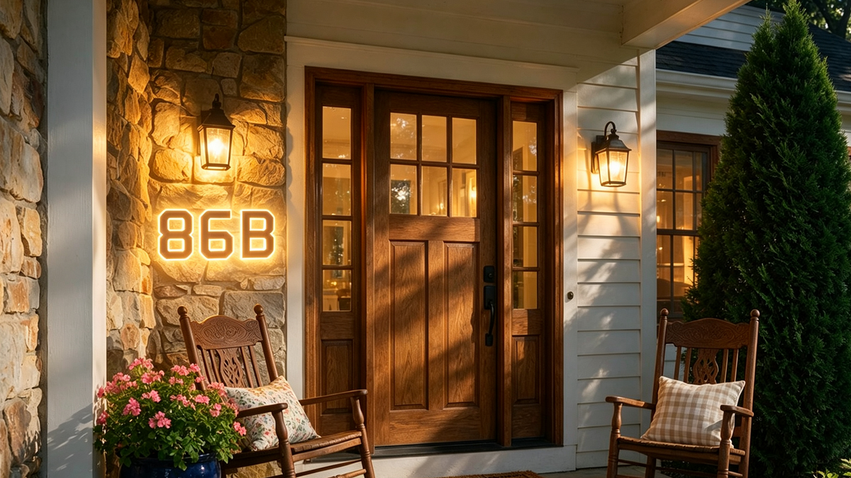 Illuminated LINKSOLAR Luma house numbers beside a front door at night
