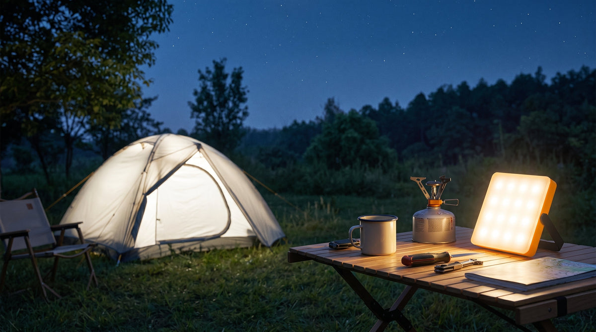 Tent light used near a campsite table; illustrative scene