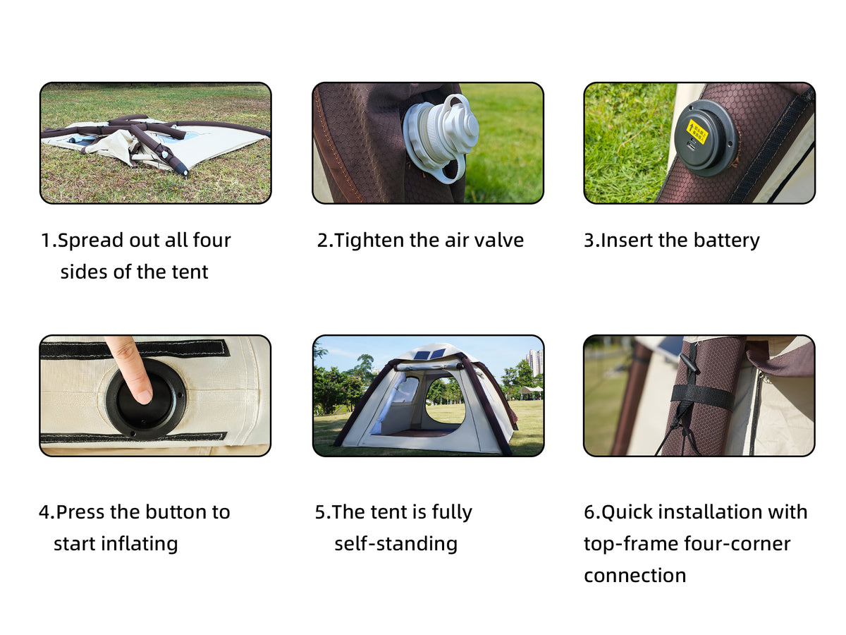 Six illustrated steps for inflating and securing the tent body