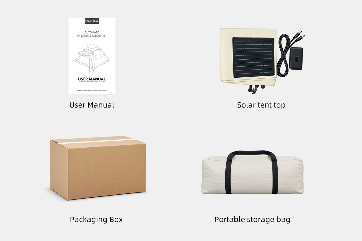Tent carry bag, removable solar roof, junction box and packaging overview