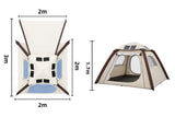 Inflatable tent dimensions: 2 by 2 metres, 1.7 metre peak height and 3 metre awning depth