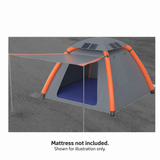 Gray inflatable tent with awning. Blue mattress not included.